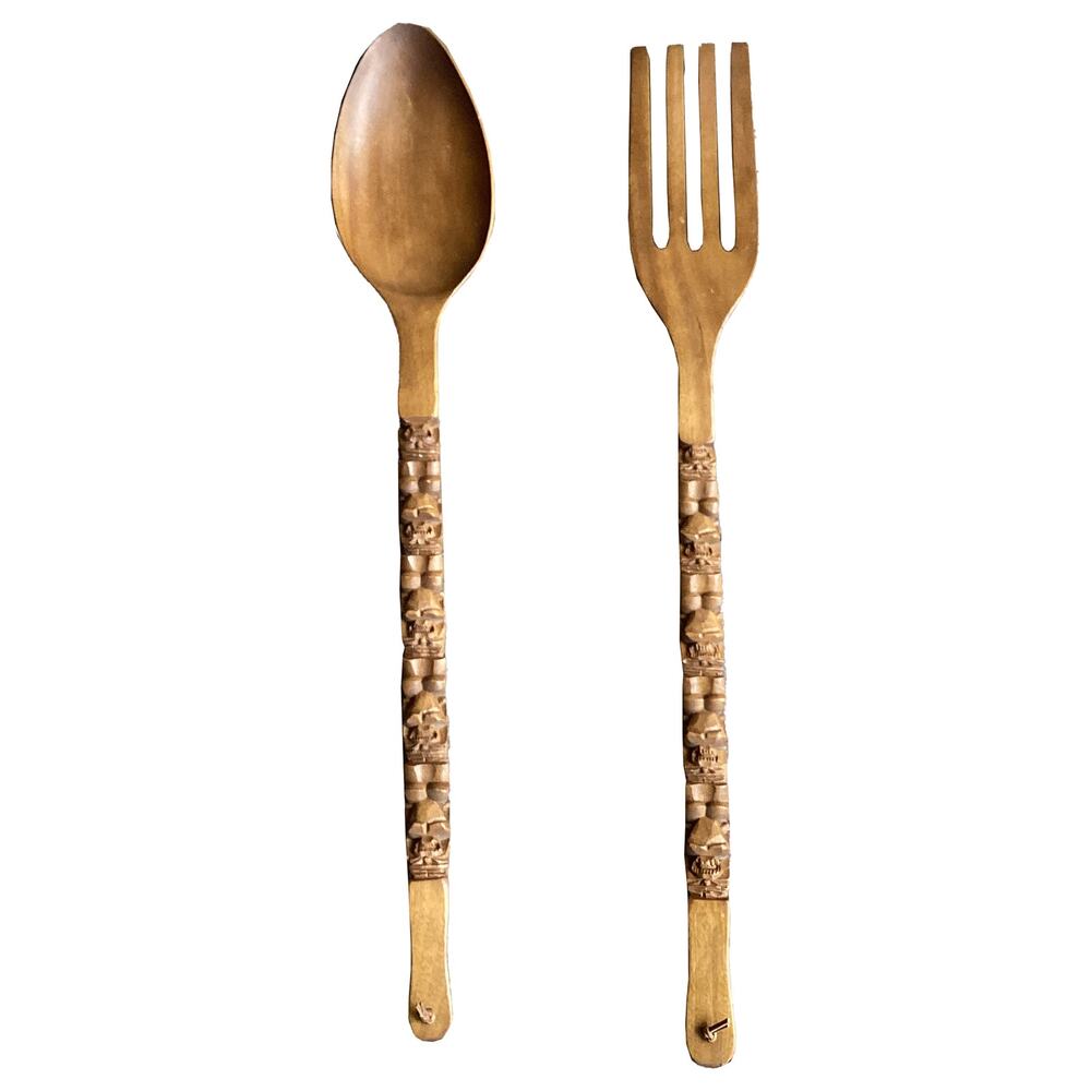 Vintage Large 41" Fork Spoon Set Wood Carved Tiki/Totem Handle 1970s Wall Decor
